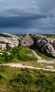 Preview wallpaper house, stones, path, grass, sky