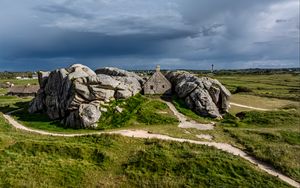 Preview wallpaper house, stones, path, grass, sky