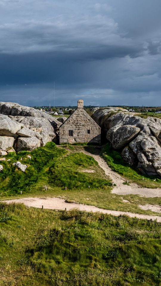 540x960 Wallpaper house, stones, path, grass, sky