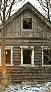 Preview wallpaper house thrown, autumn, trees, evening, decline, log hut