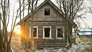 Preview wallpaper house thrown, autumn, trees, evening, decline, log hut