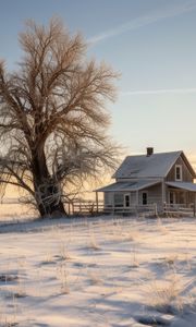 Preview wallpaper house, tree, snow, winter, sunset