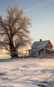 Preview wallpaper house, tree, snow, winter, sunset