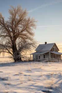 Preview wallpaper house, tree, snow, winter, sunset