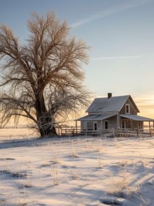 Preview wallpaper house, tree, snow, winter, sunset