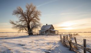 Preview wallpaper house, tree, snow, winter, sunset