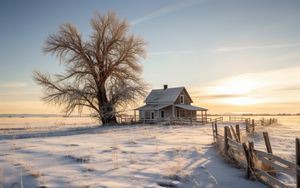 Preview wallpaper house, tree, snow, winter, sunset