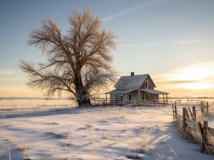 Preview wallpaper house, tree, snow, winter, sunset