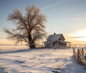 Preview wallpaper house, tree, snow, winter, sunset