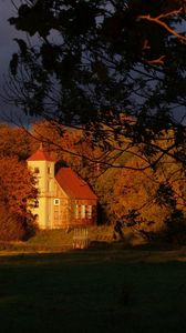 Preview wallpaper house, trees, autumn, branches, shade, clouds, sky