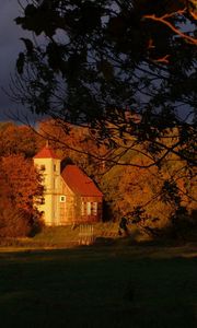 Preview wallpaper house, trees, autumn, branches, shade, clouds, sky