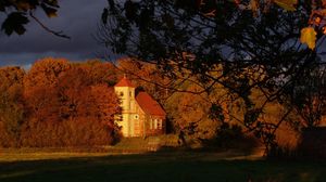 Preview wallpaper house, trees, autumn, branches, shade, clouds, sky