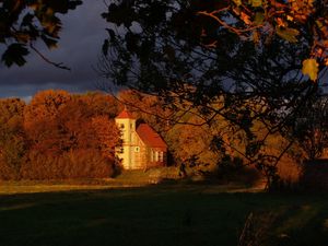 Preview wallpaper house, trees, autumn, branches, shade, clouds, sky