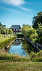 Preview wallpaper house, trees, bushes, pond, grass