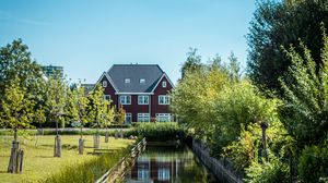 Preview wallpaper house, trees, bushes, pond, grass