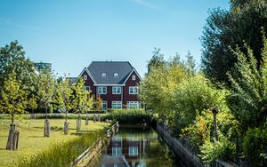 Preview wallpaper house, trees, bushes, pond, grass