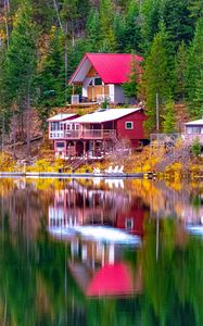 Preview wallpaper house, trees, coast, lake, reflection, landscape