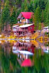Preview wallpaper house, trees, coast, lake, reflection, landscape
