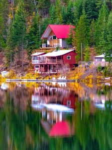 Preview wallpaper house, trees, coast, lake, reflection, landscape