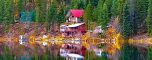 Preview wallpaper house, trees, coast, lake, reflection, landscape