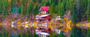Preview wallpaper house, trees, coast, lake, reflection, landscape