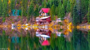 Preview wallpaper house, trees, coast, lake, reflection, landscape