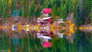 Preview wallpaper house, trees, coast, lake, reflection, landscape