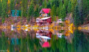 Preview wallpaper house, trees, coast, lake, reflection, landscape