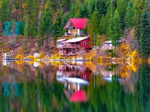 Preview wallpaper house, trees, coast, lake, reflection, landscape