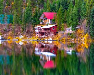 Preview wallpaper house, trees, coast, lake, reflection, landscape