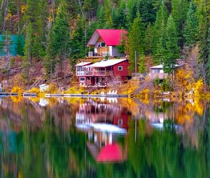 Preview wallpaper house, trees, coast, lake, reflection, landscape