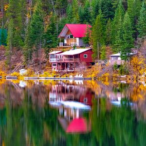 Preview wallpaper house, trees, coast, lake, reflection, landscape