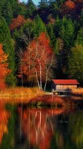 Preview wallpaper house, trees, forest, lake, reflection, autumn, nature