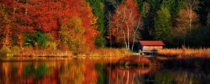 Preview wallpaper house, trees, forest, lake, reflection, autumn, nature