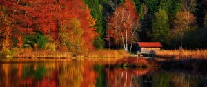 Preview wallpaper house, trees, forest, lake, reflection, autumn, nature