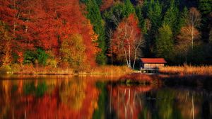Preview wallpaper house, trees, forest, lake, reflection, autumn, nature