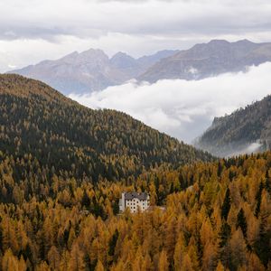 Preview wallpaper house, trees, forest, valley, mountains, fog