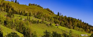 Preview wallpaper house, trees, hill, mountains, sky, nature