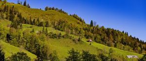 Preview wallpaper house, trees, hill, mountains, sky, nature
