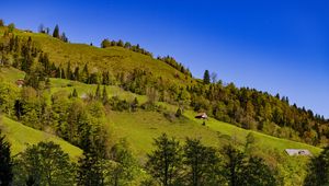 Preview wallpaper house, trees, hill, mountains, sky, nature