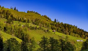 Preview wallpaper house, trees, hill, mountains, sky, nature