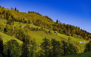 Preview wallpaper house, trees, hill, mountains, sky, nature
