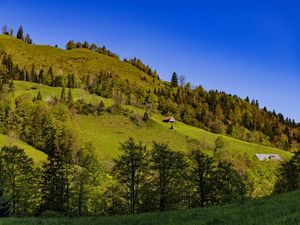 Preview wallpaper house, trees, hill, mountains, sky, nature