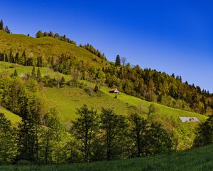 Preview wallpaper house, trees, hill, mountains, sky, nature