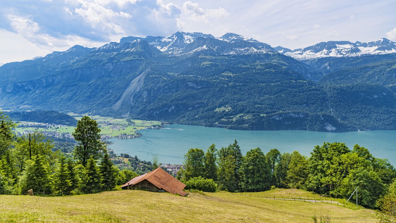 Wallpaper house, trees, lake, mountains, landscape