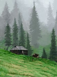 Preview wallpaper house, trees, meadow, landscape, art