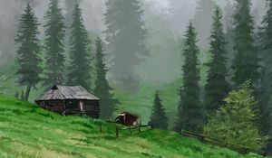 Preview wallpaper house, trees, meadow, landscape, art