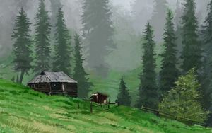Preview wallpaper house, trees, meadow, landscape, art