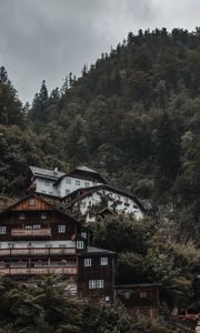 Preview wallpaper house, trees, mountain, slope, forest, building