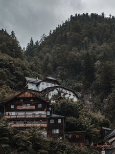 Preview wallpaper house, trees, mountain, slope, forest, building